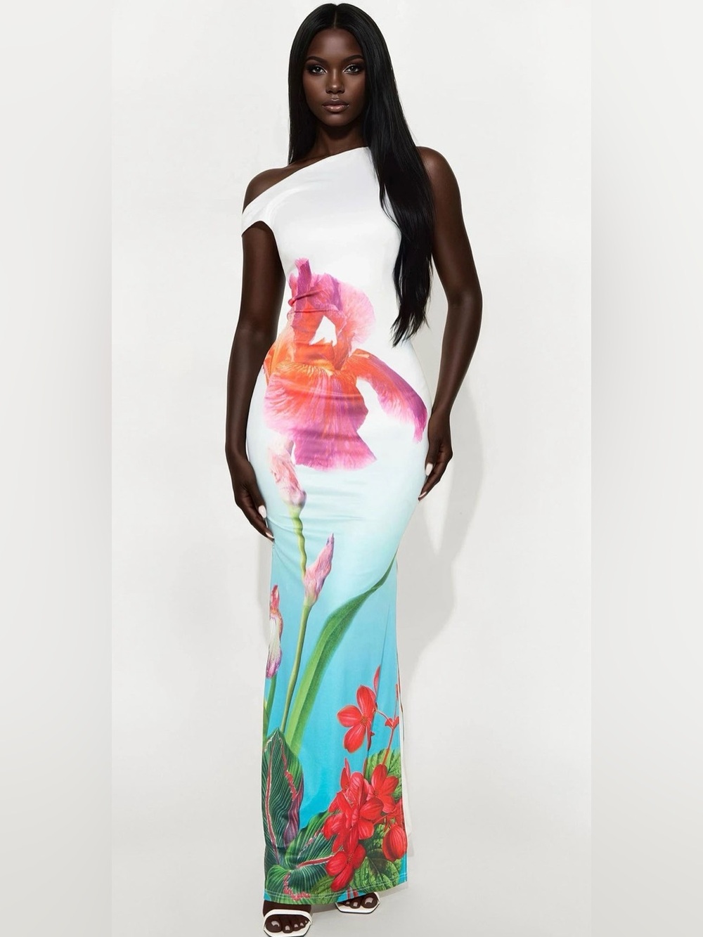 Fashion Nova White One-Shoulder Maxi Dress with Pink & Orange Floral Print